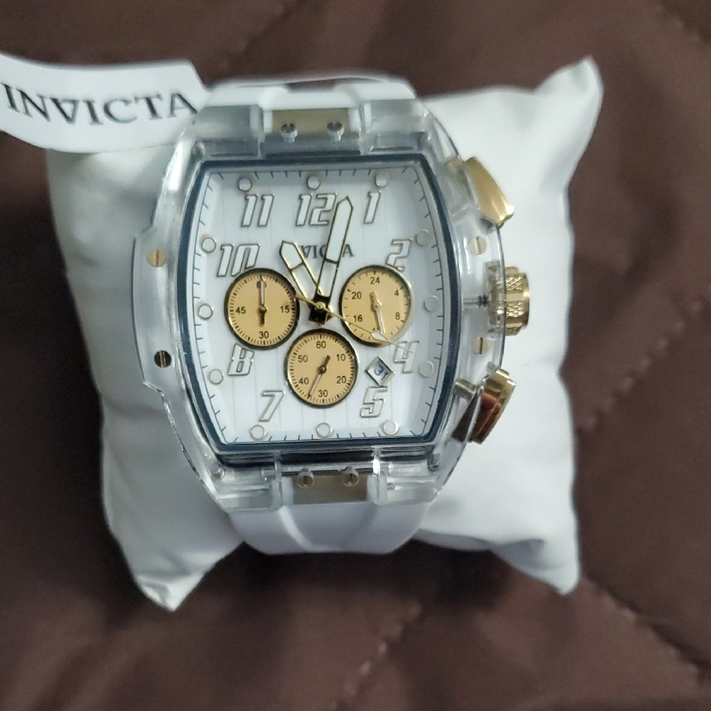 Invicta White and Gold Chronograph Watch with Clear Case
